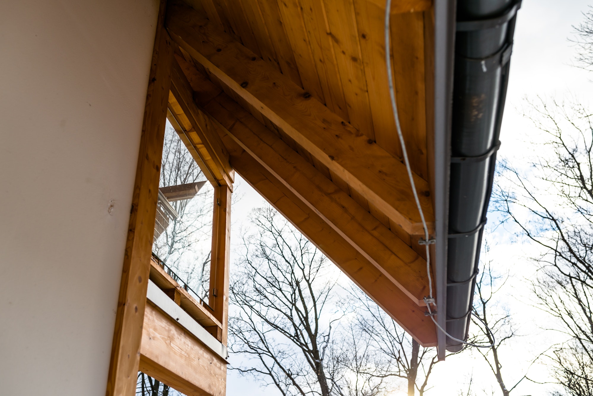 Light pink house facade with visible wooden roof soffit and gutter. Trees in the background.