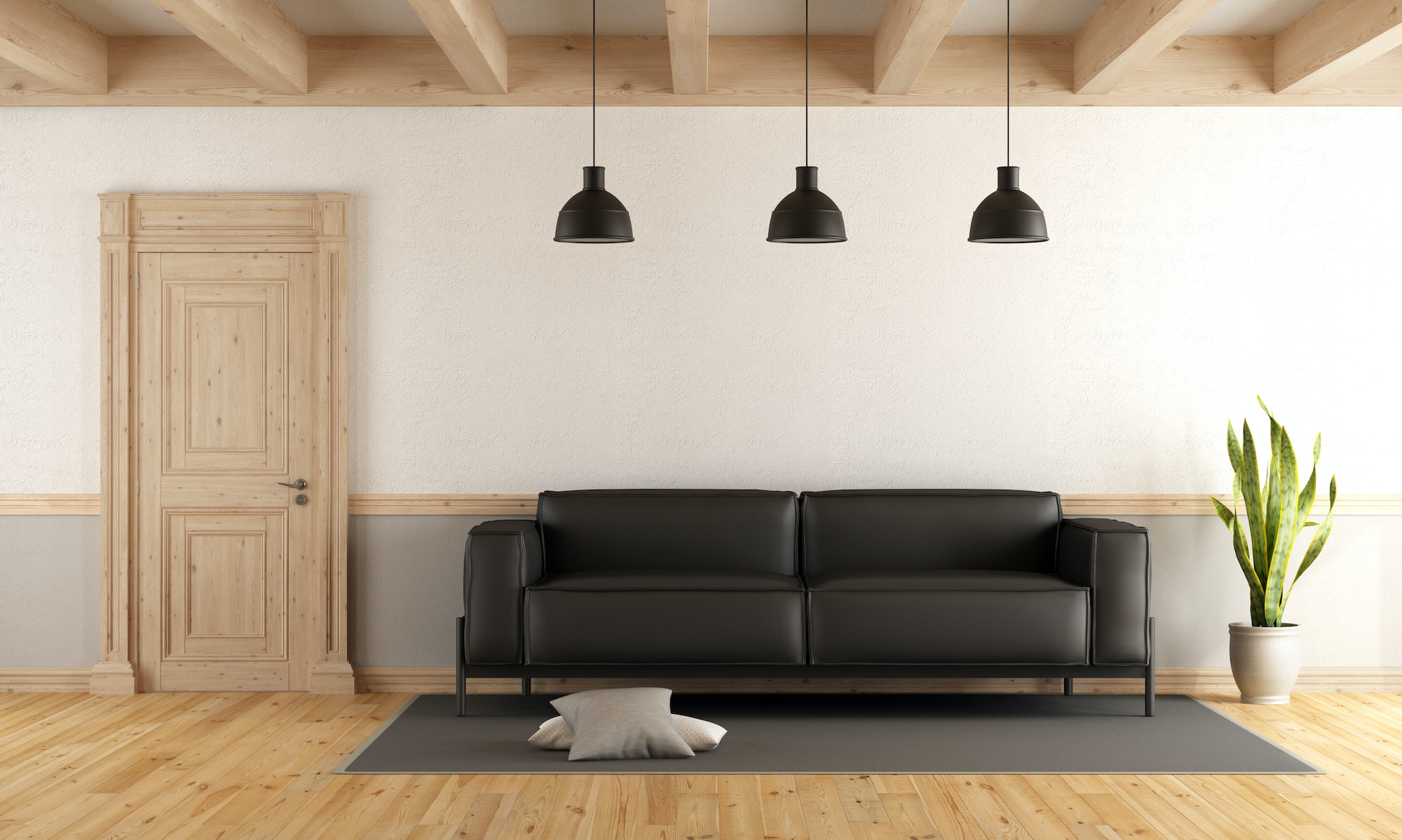 living room with wooden door and sofa